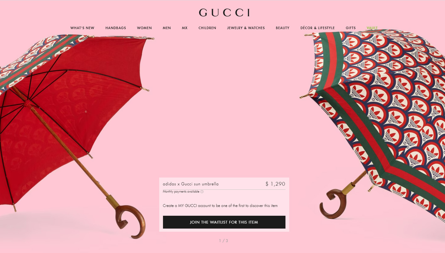 Deze Gucci en Adidas paraplu van 1.200 euro is niet eens waterdicht
